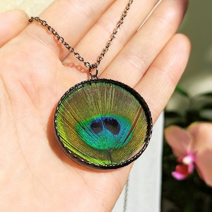 Echte Pfau Federn Halskette Runde Terrarium Halskette, Glasmalerei Schmuck, natürliche Halskette farbige Feder, Boho einzigartige Halskette