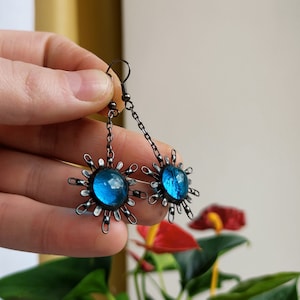 Stained glass sky earrings Sun catcher earrings, Soldered jewelry Hanging earrings on chain, Long earrings Art glass, Shape elegant earrings