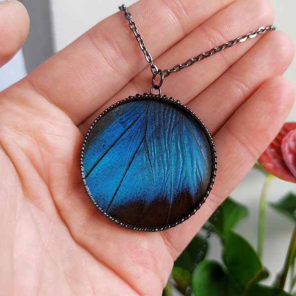 Real butterfly Morpho necklace Stained glass jewelry, Terrarium necklace Round glass necklace, Butterfly wing pendant, Nature lovers gift