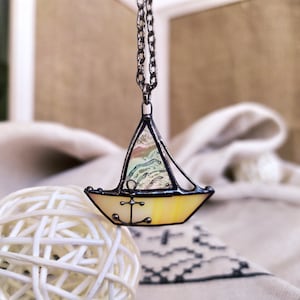 Ship pendant Color block necklace, Stained glass sailing boat Soldered jewelry, Mini boat Travel jewelry, Ocean art jewelry Rainbow pendant