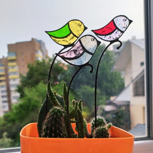 Stained Glass Bird Plant Stake Garden Decoration Little Bird Etsy