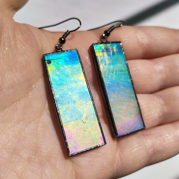 Rectangular rainbow stained glass earrings, Geometric jewelry Minimalist earrings, Dangle earrings Iridescent earrings, Gift for yourself