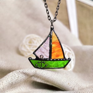 Stained glass sailing boat necklace Color block pendant, Maritime jewelry Yacht Pendant, Ship glass jewelry, Ocean necklace for travellers