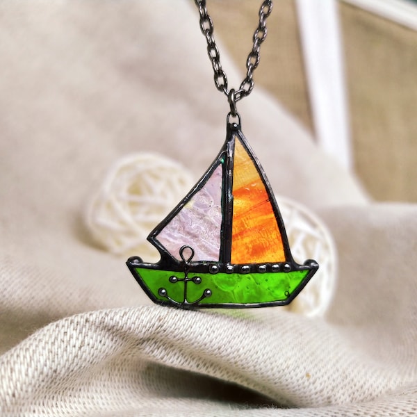 Stained glass sailing boat necklace Color block pendant, Maritime jewelry Yacht Pendant, Ship glass jewelry, Ocean necklace for travellers