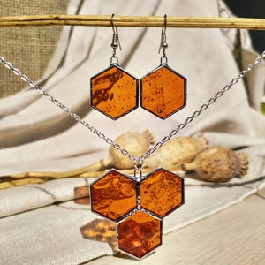 Stained glass earrings Hexagon pendant, Honeycomb earrings , Bee jewelry Soldered necklace, Geometric art glass earrings