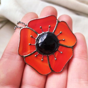 Stained Glass Poppy Necklace, Flower Pendant Poppy Jewellery, Statement Necklace Red Flower, Valentines Gift For Lovers Flowers, Art Glass
