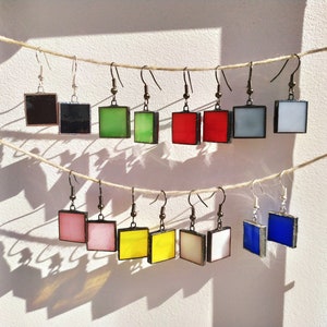 Stained Glass Square Earrings Colored Earrings, Geometric Jewelry More Color Earrings, Bright Earrings  Art Glass Jewelry, Soldered Glass
