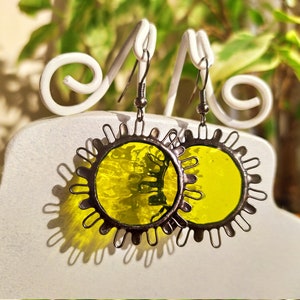 Stained glass earrings Round minimalist earrings, Sun catcher earrings, Yellow earrings Soldered art jewelry, Hanging bright glass earrings
