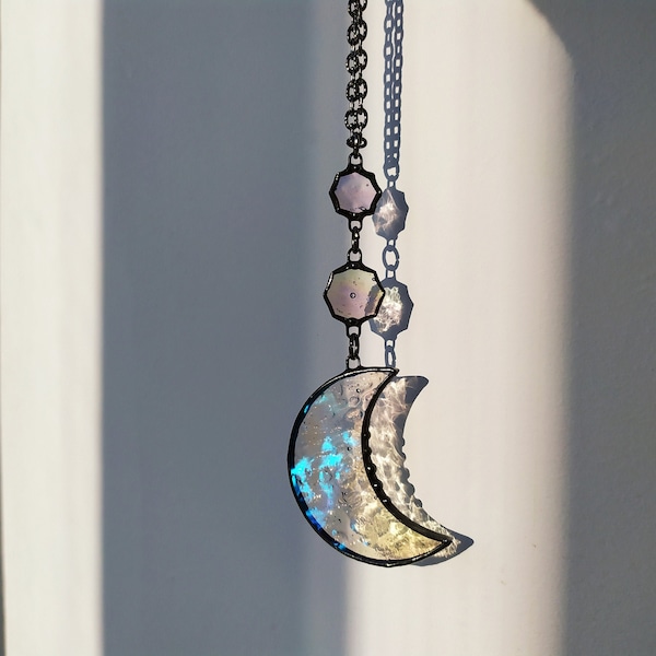 Pendentif lune et étoiles Collier en vitrail, pendentif transparent long collier, bijoux lune scintillants, bijoux nuit du ciel lune simple, bijoux célestes