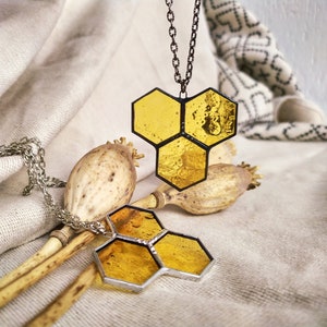 Honeycomb necklace Stained glass pendant, Bee jewelry Soldered necklace, Hexagons pendant ,Bee lover gift Sun geometric art glass