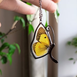 Yellow Butterfly Necklace Insect Jewelry, Real Butterfly Stained,Glass Pendant Christmas Gift Glass Soldered Pendant, Butterfly Gift Sister