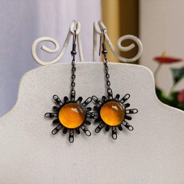 Stained glass orange earrings Sun catcher earrings, Hanging earrings on chain, Blazing jewelry Delicate earrings, Long earrings Art glass