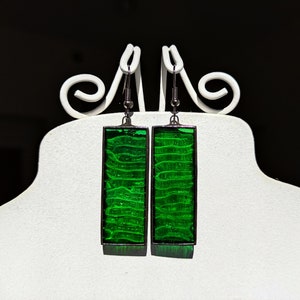 Rectangular Transparent Green Stained Glass Earrings, Minimalist Jewelry Dangle Earrings, Suncatcher Earrings Unique Jewelry, Earrings Gift