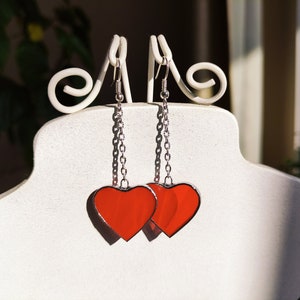 Red stained glass Heart earrings, Long earrings Soldered jewelry, Hanging earrings Chain earrings, Gift myself Love earrings, Valentines day