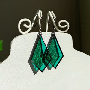 Stained glass earrings Emerald green jewelry, Sun catcher earrings gift Soldered jewelry,Christmas gift Statement earrings,Festival earrings