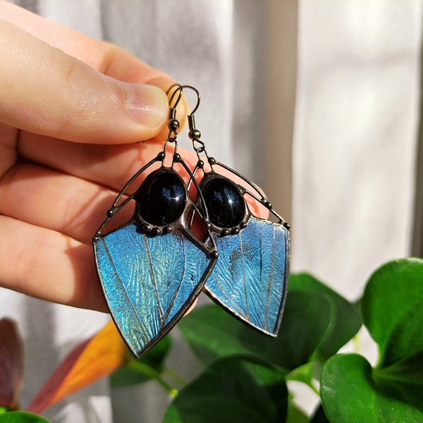 Real butterfly Morpho earrings Terrarium earrings, Wings Morpho dangle earrings, Stained glass earrings, Original jewelry gift