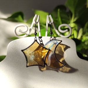 Moon and Star stained glass earrings, Celestial jewelry Statement earrings, Celestial jewelry Star drop earrings, Art glass jewelry gift