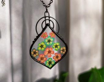 Floral necklace Stained glass necklace, Pressed flowers in glass, Unique gift Wildflower jewelry, Terrarium necklace, Mothers Day gift