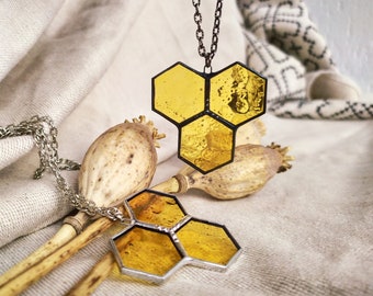 Honeycomb necklace Stained glass pendant, Bee jewelry Soldered necklace, Hexagons pendant ,Bee lover gift Sun geometric art glass