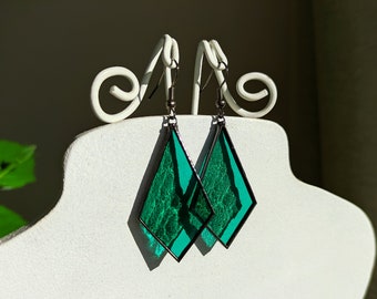 Stained glass earrings Emerald green jewelry, Sun catcher earrings gift Soldered jewelry,Christmas gift Statement earrings,Festival earrings