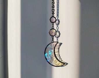 Moon and stars pendant Stain glass necklace,Clear pendant Long necklace,Sparkly moon jewelry Sky night jewelry Simple moon,Celestial Jewelry
