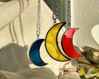 Moon stained glass necklace Double horn pendant, Celestial jewelry Colorful crescent pendant, Simple moon Sky night jewelry, Gift necklace