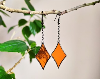 Orange stained glass earrings Sun catcher earrings, Earrings on chain Blazing earrings, Soldered jewelry Gift myself, Shape elegant earrings