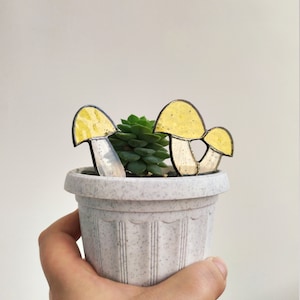 Puede incluir: Una maceta blanca pequeña con una planta suculenta y tres decoraciones de vidrio en forma de hongo amarillo.