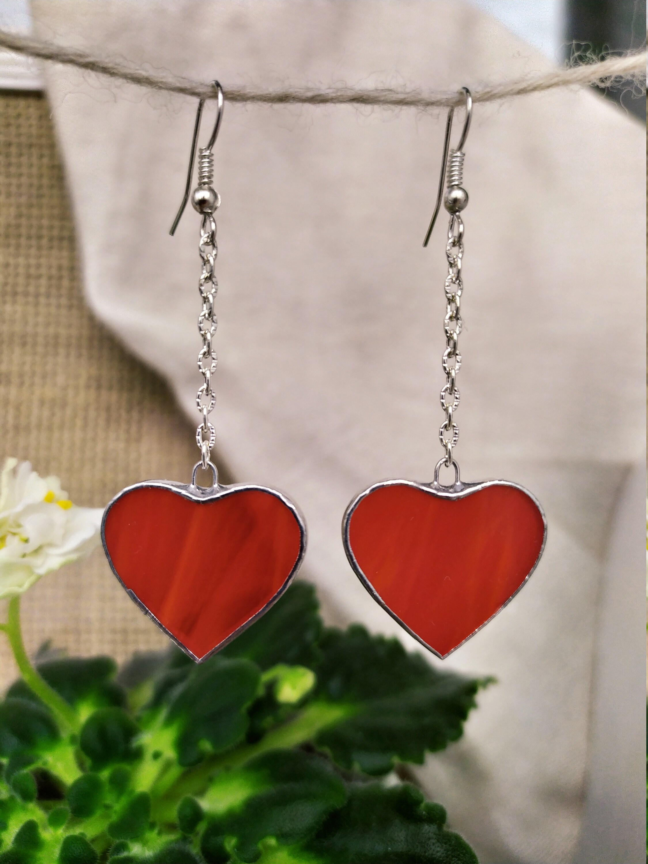 Red stained glass Heart earrings, Long earrings Soldered jewelry, Hanging earrings Chain earrings, Gift myself Love earrings, Valentines day
