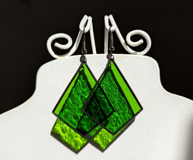 Stained glass green earrings Sun catcher earrings, Statement earrings, Bright soldered jewelry Birthday gift, Boho earrings Christmas gift image 1