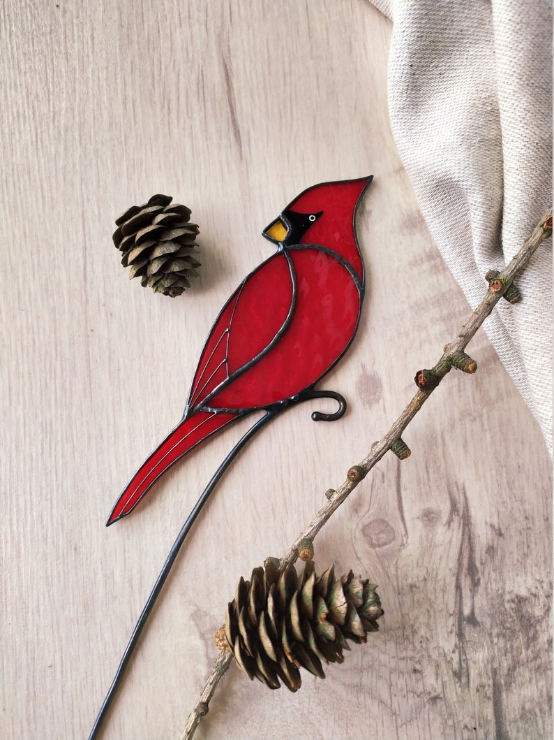 Stained glass red cardinal plant stake Flower pot decor Etsy