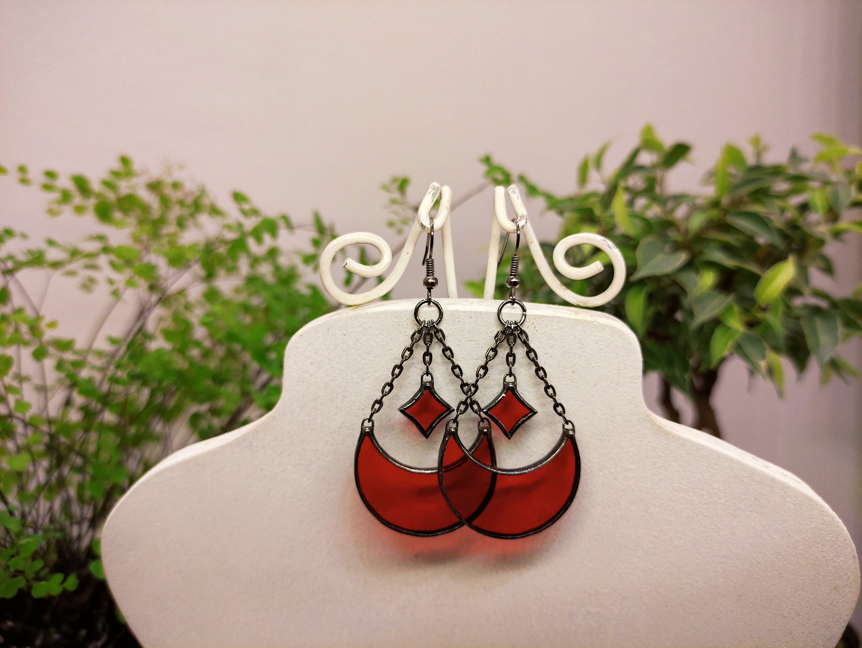 Red stained glass earrings moon and star, Sun catcher earrings Long celestial earrings, Christmas gift Delicate earrings, Celestial jewelry