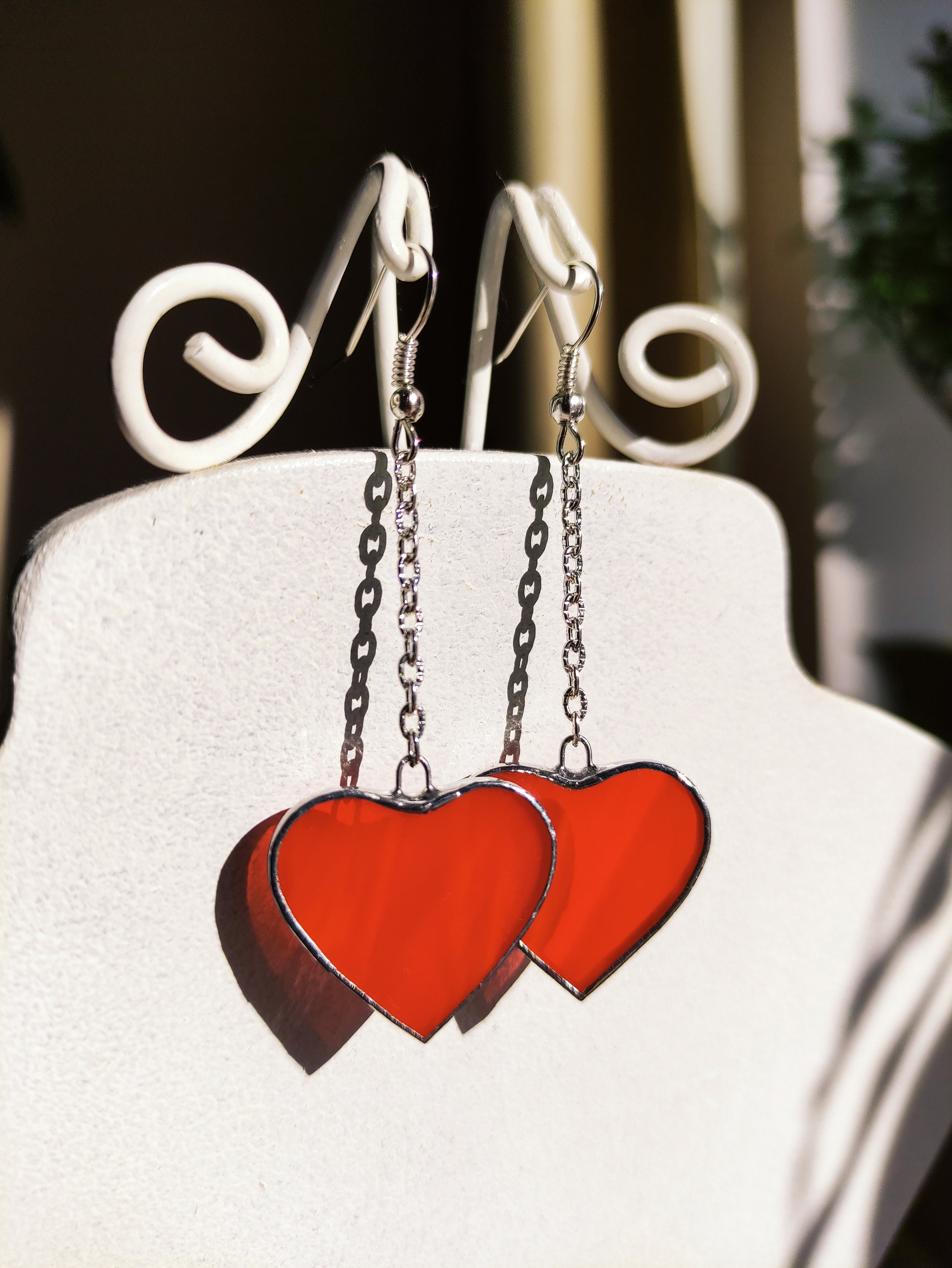 Red stained glass Heart earrings, Long earrings Soldered jewelry, Hanging earrings Chain earrings, Gift myself Love earrings, Valentines day