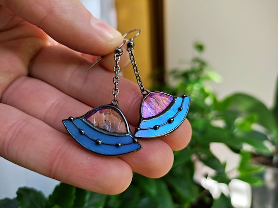 Stained Glass UFO Earrings Alien Blue Earrings Drop Dangle