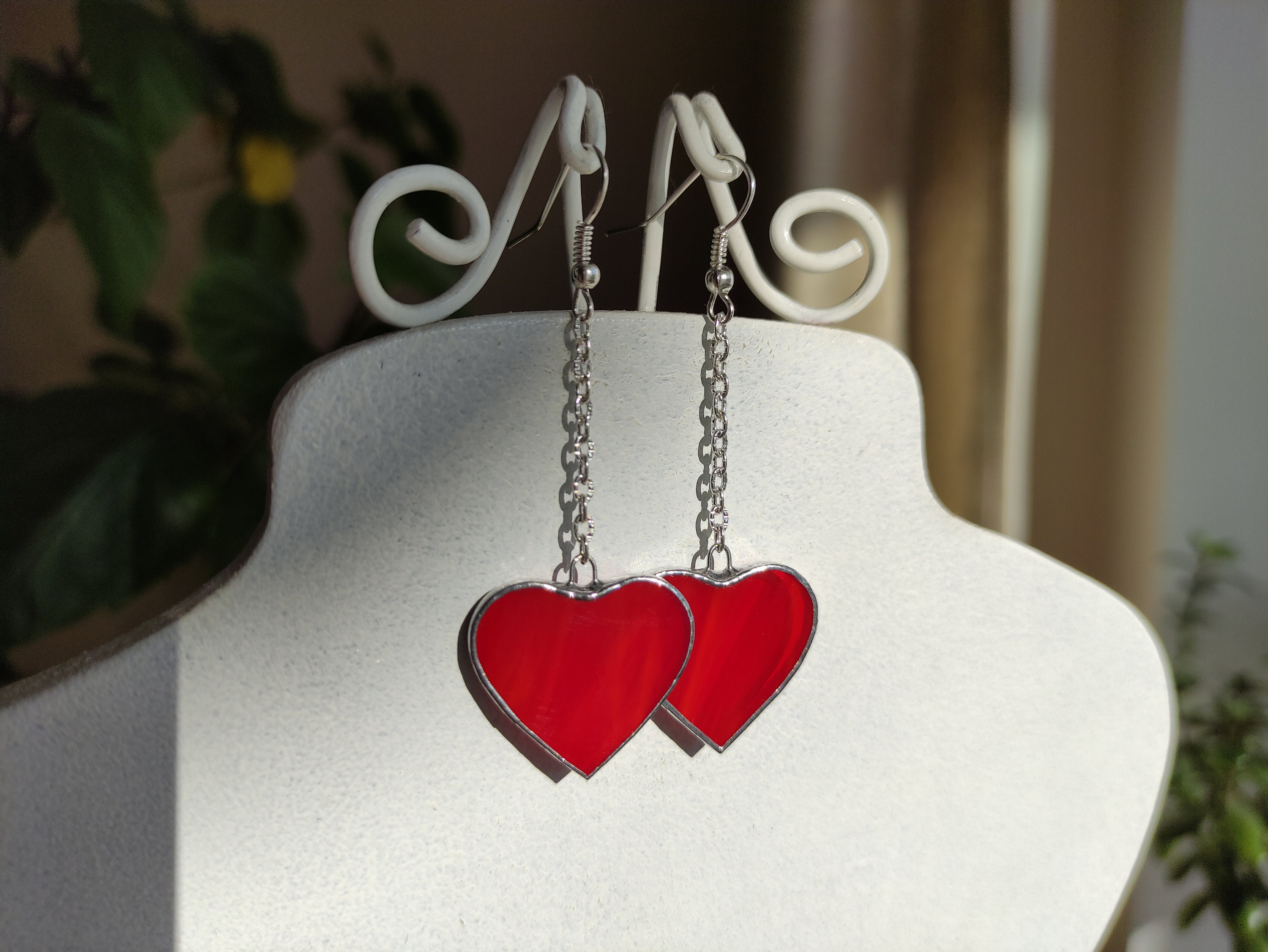 Red stained glass Heart earrings, Long earrings Soldered jewelry, Hanging earrings Chain earrings, Gift myself Love earrings, Valentines day
