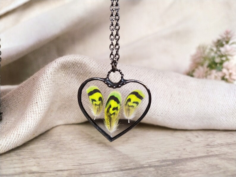 Real feather necklace Stained glass hart pendant Yellow bird feather Terrarium feather necklace Mother/'s day gift,Soldered glass Cute gift