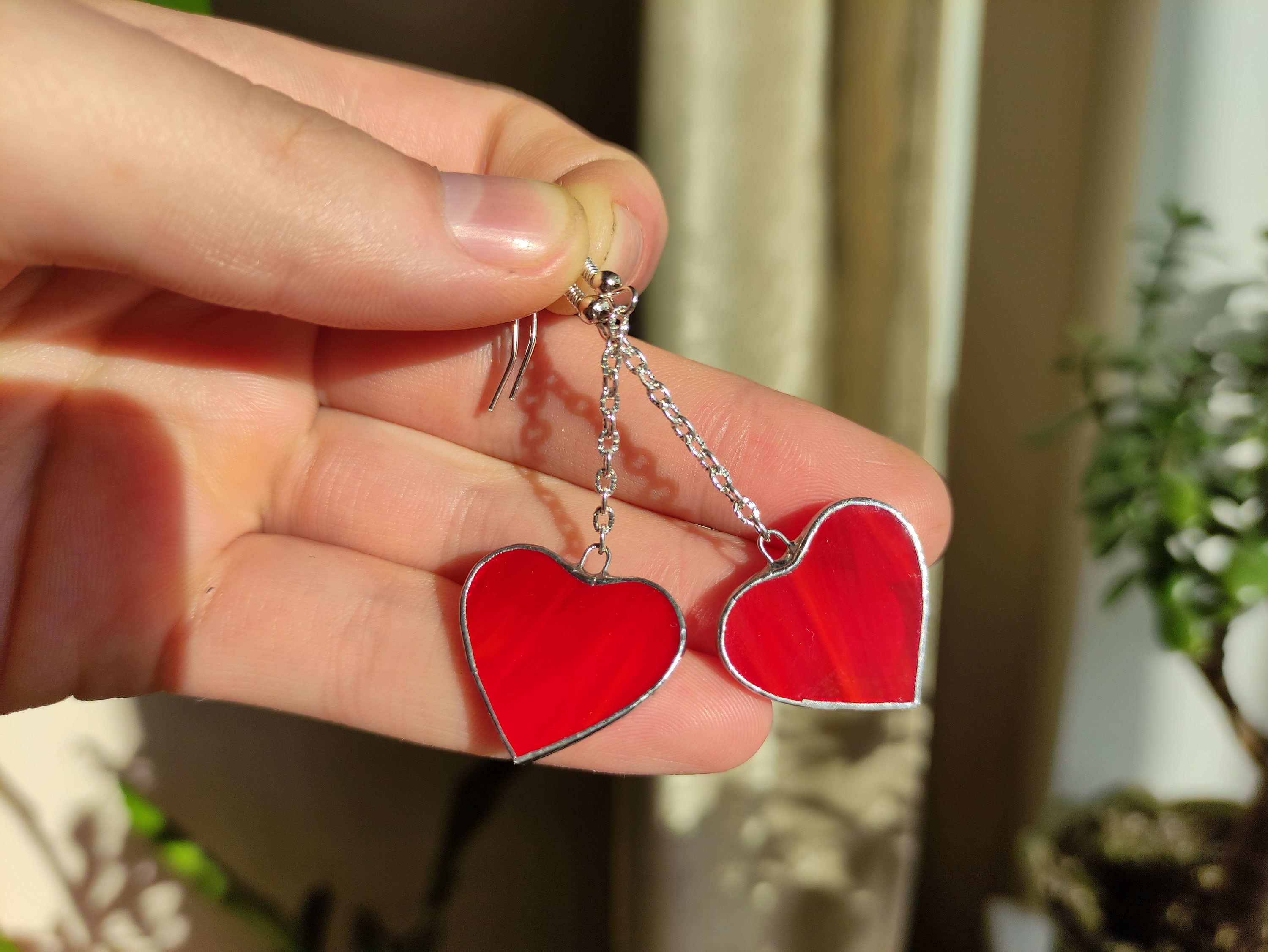 Red stained glass Heart earrings, Long earrings Soldered jewelry, Hanging earrings Chain earrings, Gift myself Love earrings, Valentines day