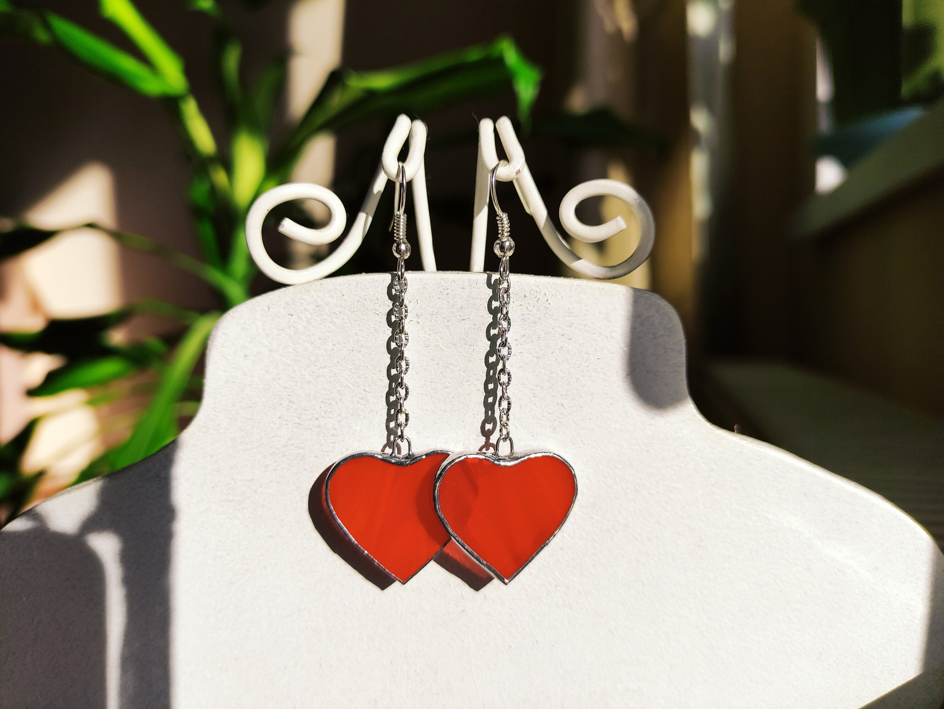 Red stained glass Heart earrings, Long earrings Soldered jewelry, Hanging earrings Chain earrings, Gift myself Love earrings, Valentines day