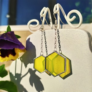 Stained glass earrings Hexagon earrings, Honeycomb jewelry Asymmetric yellow earrings,Soldered jewelry Geometric earrings,Honey bee earrings