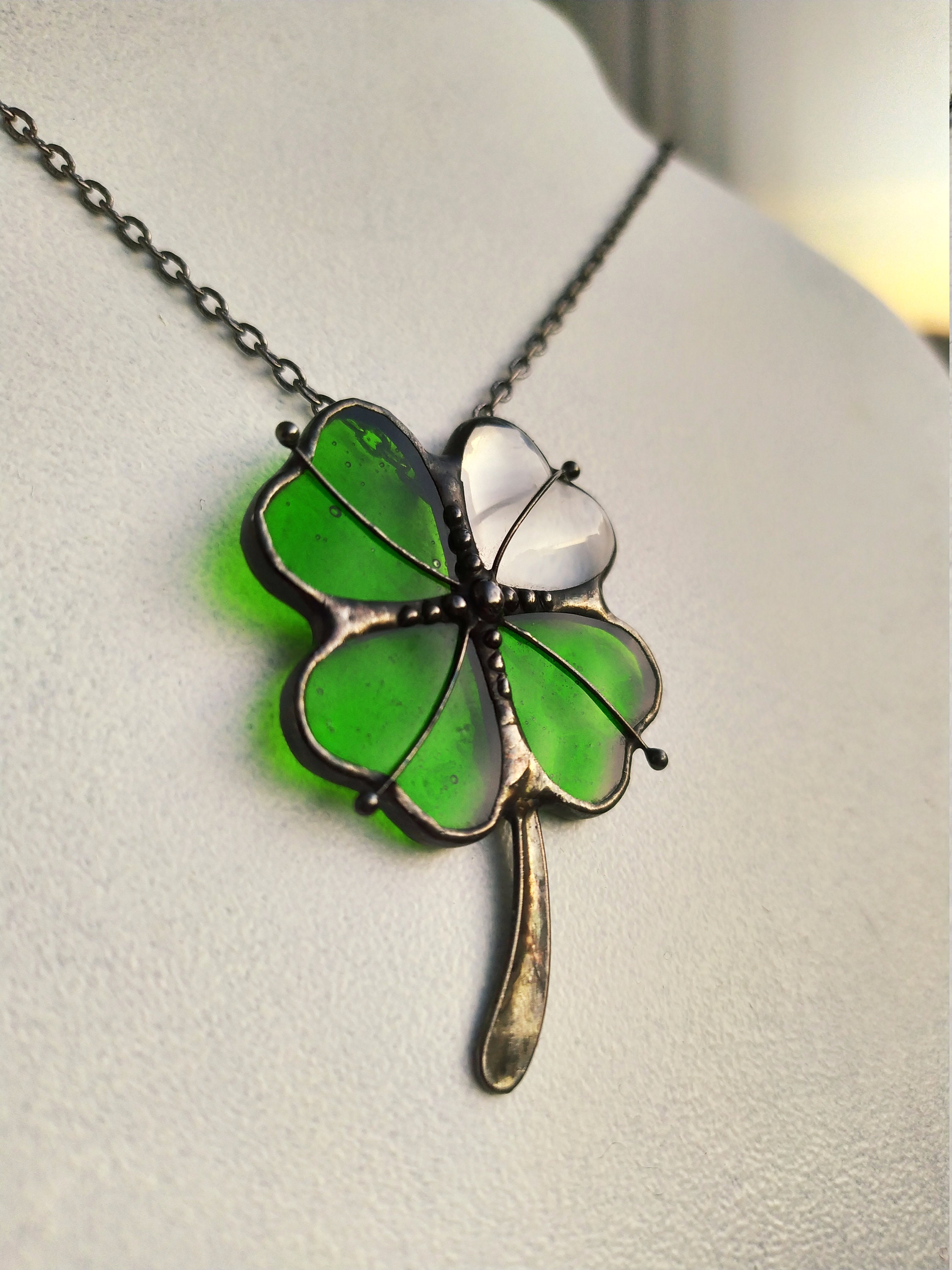 Green Clover Necklace Four Leaf Clover Stained Glass Shamrock