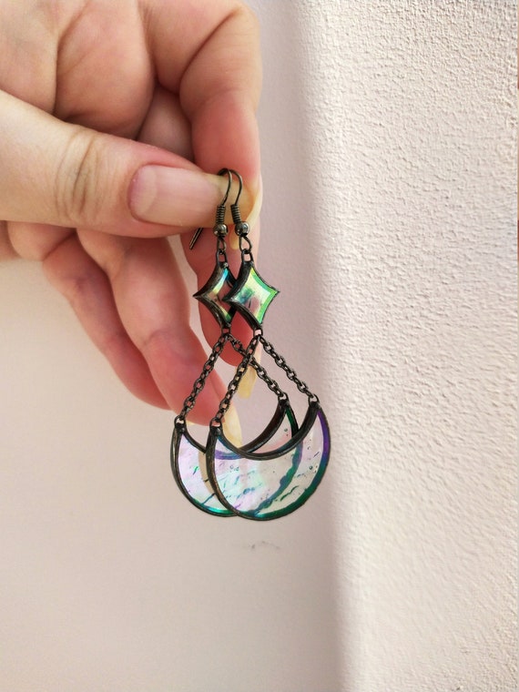 Stained Glass Hanging Iridescent Clear Earrings, Transparent