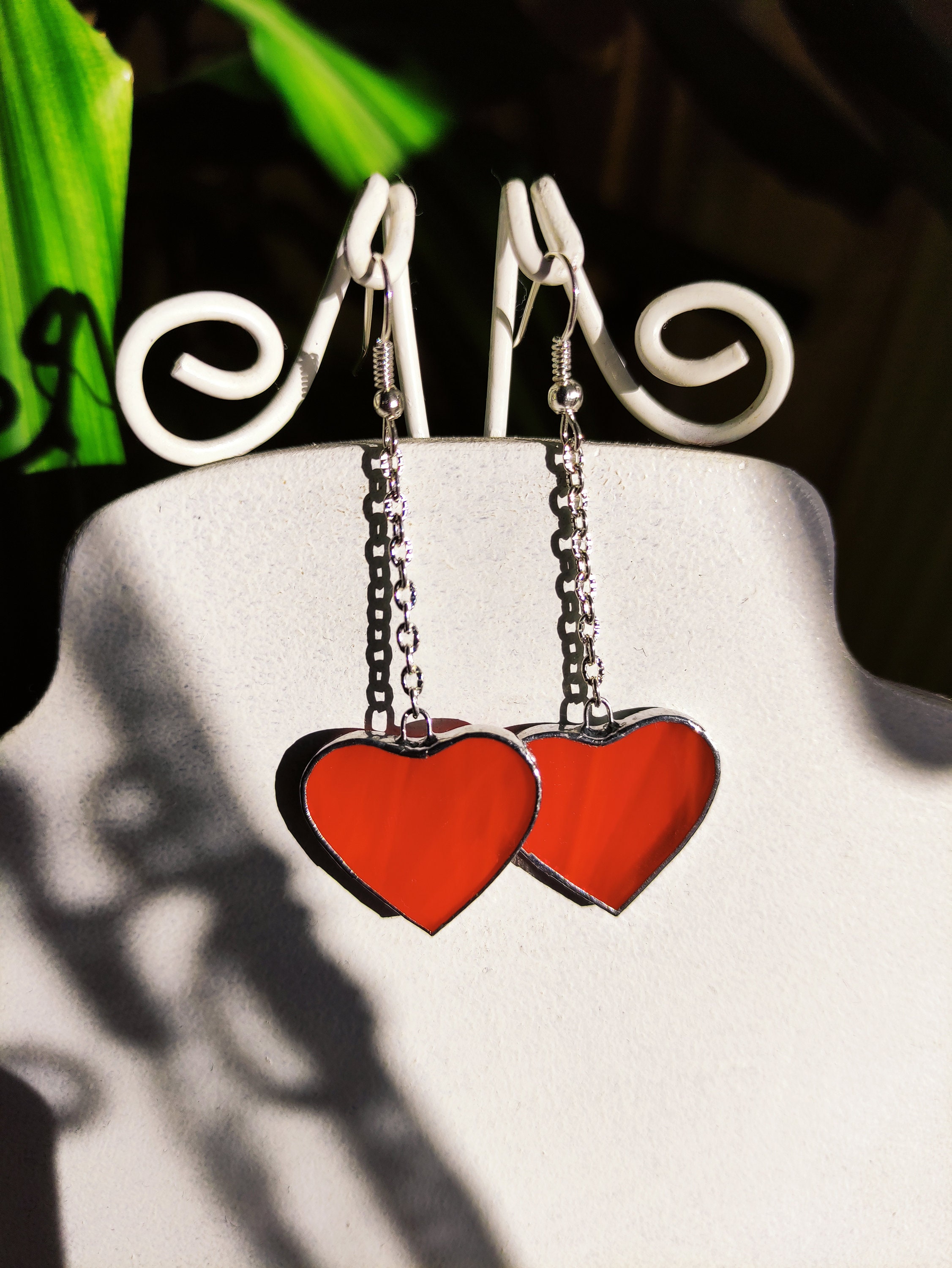 Red stained glass Heart earrings, Long earrings Soldered jewelry, Hanging earrings Chain earrings, Gift myself Love earrings, Valentines day