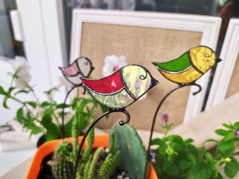 Stained Glass Bird Plant Stake Garden Decoration Little Bird Etsy