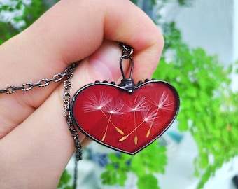 Dandelion wish necklace, Red heart necklace, Dandelion seed pendant, Plant jewelry Valentines terrarium jewelry Dandelion wedding necklace