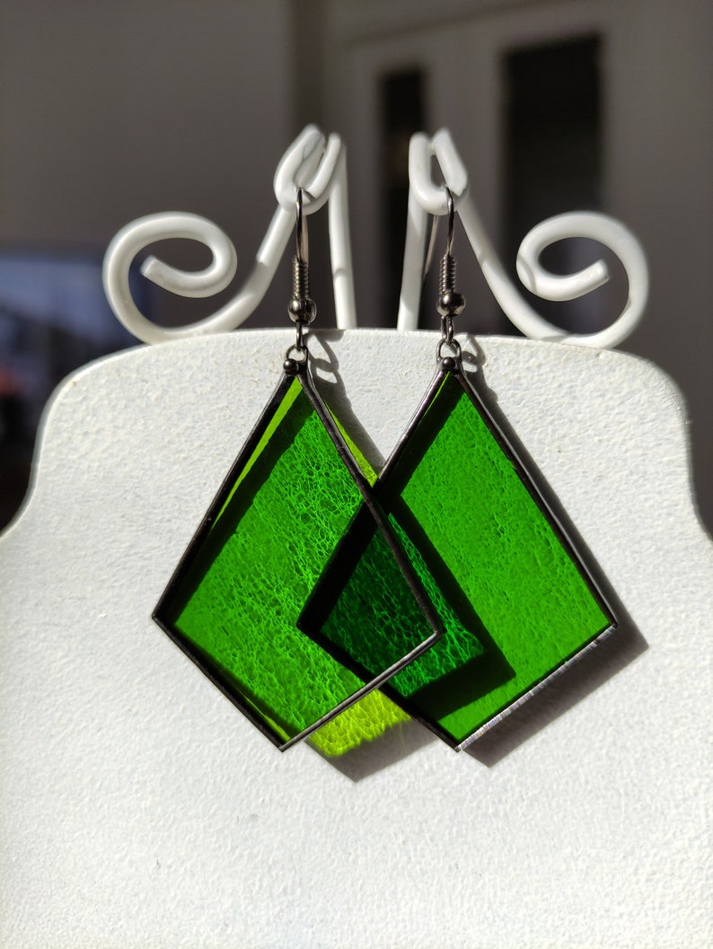 Stained glass green earrings Sun catcher earrings, Statement earrings, Bright soldered jewelry Birthday gift, Boho earrings Christmas gift image 3