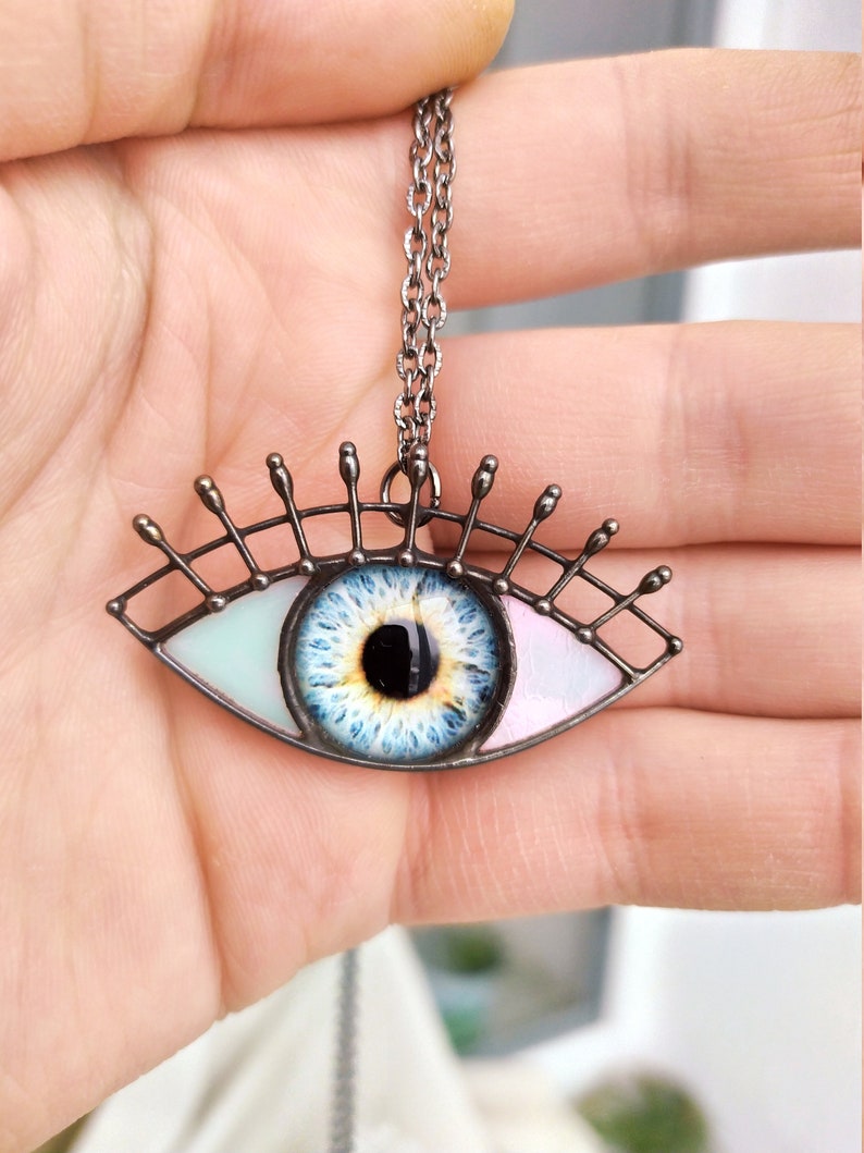 Stained glass eye necklace Good look jewelry Grey eye jewelry Gothic eye jewelry Party pendant Witchcraft jewelry Beloved necklace