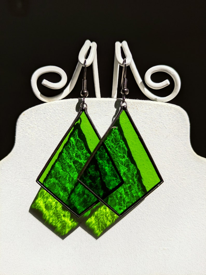 Stained glass green earrings Sun catcher earrings, Statement earrings, Bright soldered jewelry Birthday gift, Boho earrings Christmas gift image 2