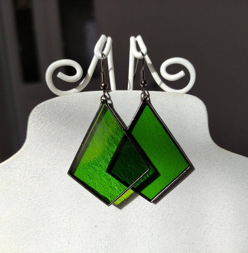 Stained glass green earrings Sun catcher earrings, Statement earrings, Bright soldered jewelry Birthday gift, Boho earrings Christmas gift image 9