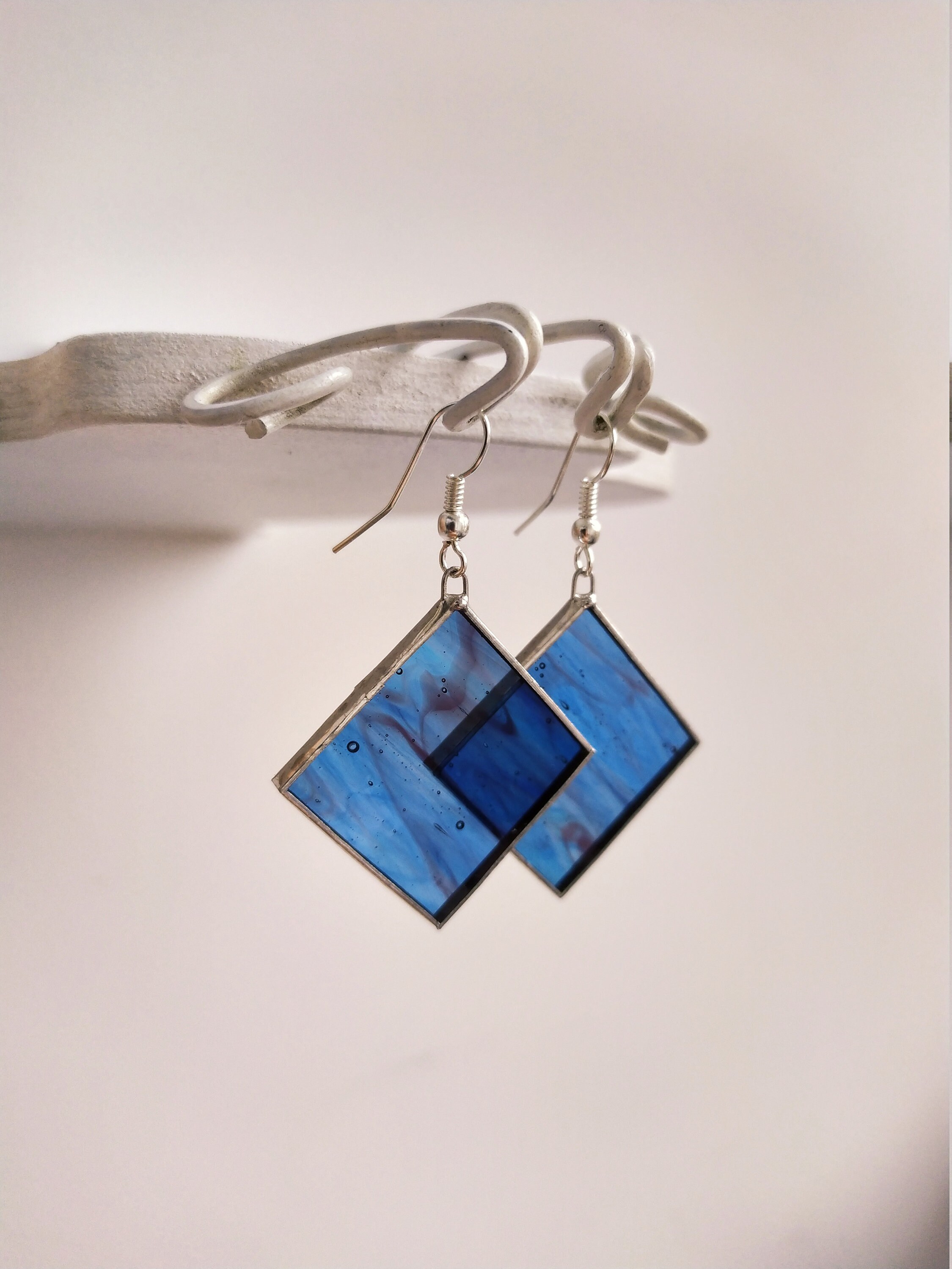 Stained Glass Diamond Earrings Blue Glass Earrings Dangle Etsy Ireland