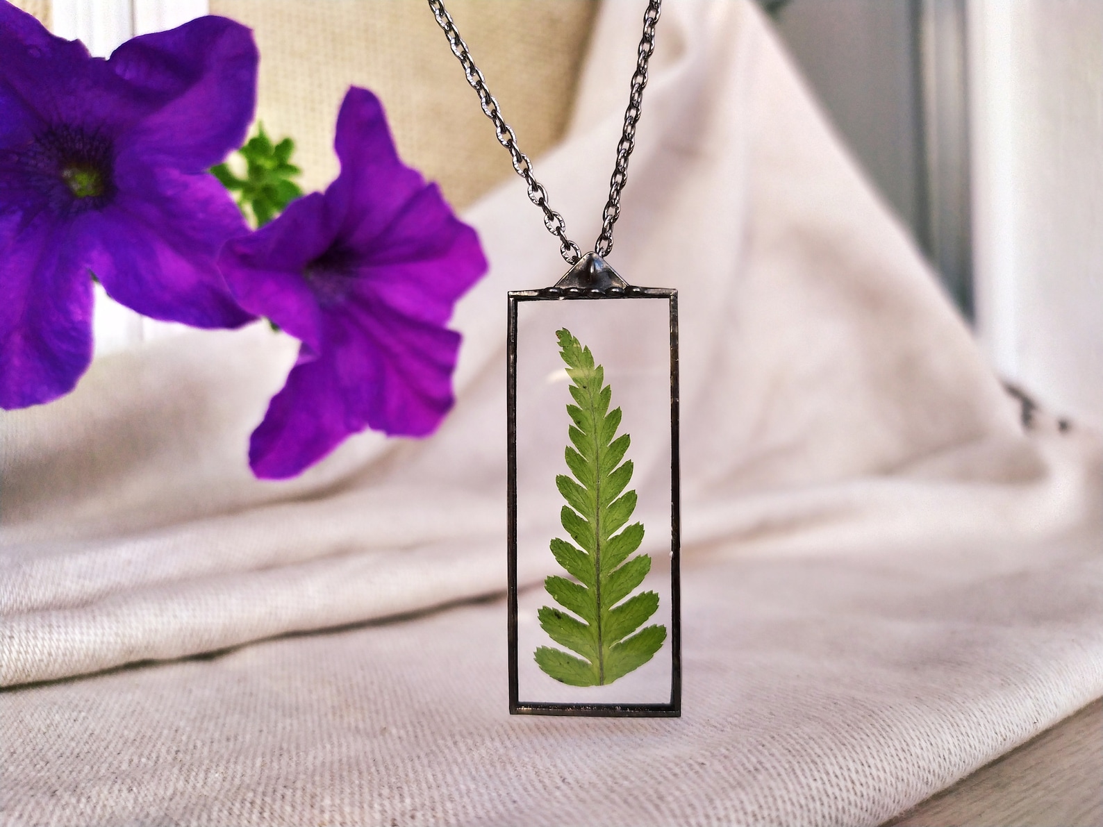 Stained Glass Necklace Dried Real Fernterrarium Jewelry Etsy